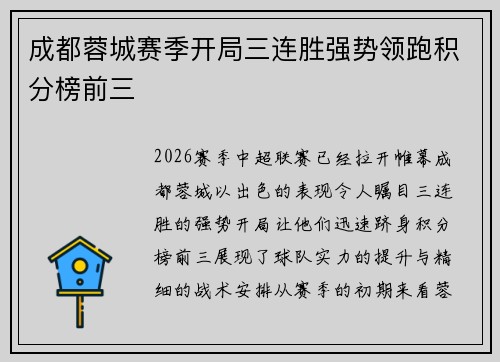 成都蓉城赛季开局三连胜强势领跑积分榜前三 成都蓉城赛季开局三连胜强势领跑积分榜前三