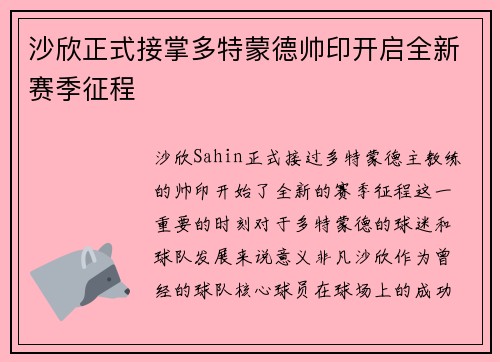 沙欣正式接掌多特蒙德帅印开启全新赛季征程